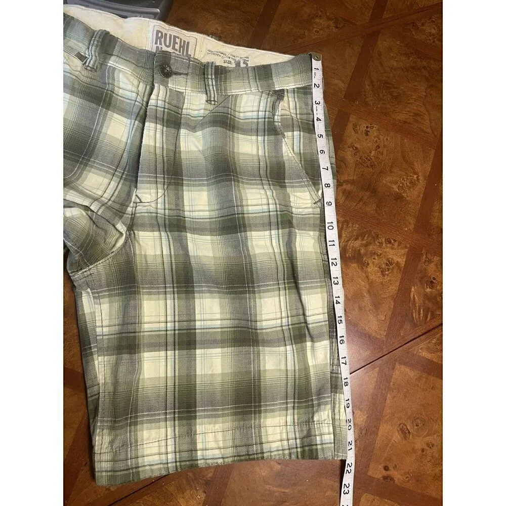 RUEHL No.925 Men's 32 Plaid Green Chino Shorts Heavy Twill Button Fly Drawstring